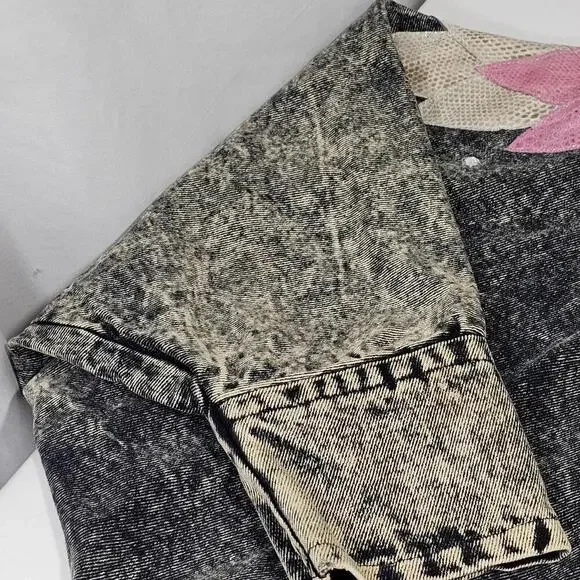 Diamonds Leather Acid Wash Embellished Denim Jean Jacket 1980s USA Size Medium - Picture 12 of 15